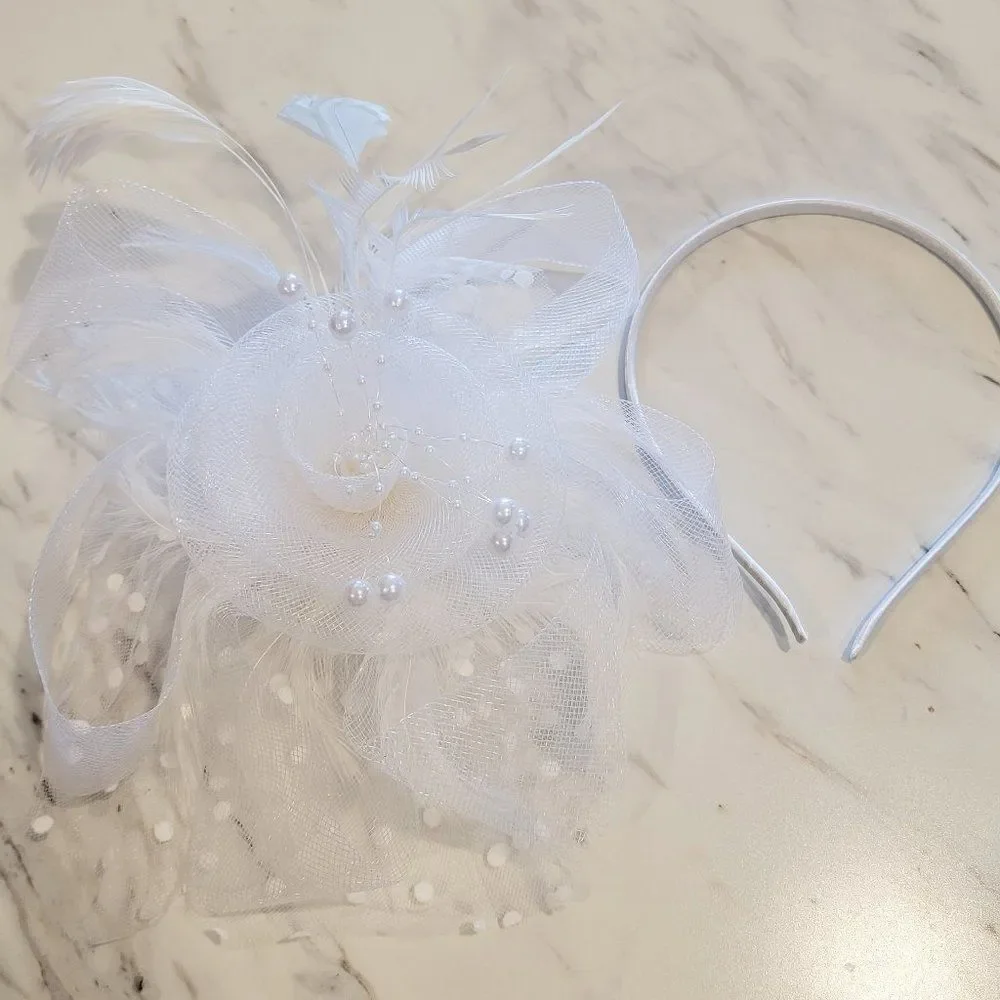 Pearl and Polka Dot Fascinator Wedding Veil With Matching Gloves For Weddings or